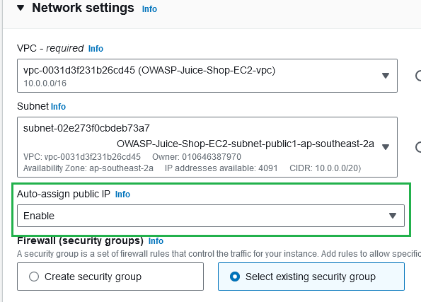 A screenshot highlighting the 'auto-assign public IP address' option when launching a new EC2 instance.