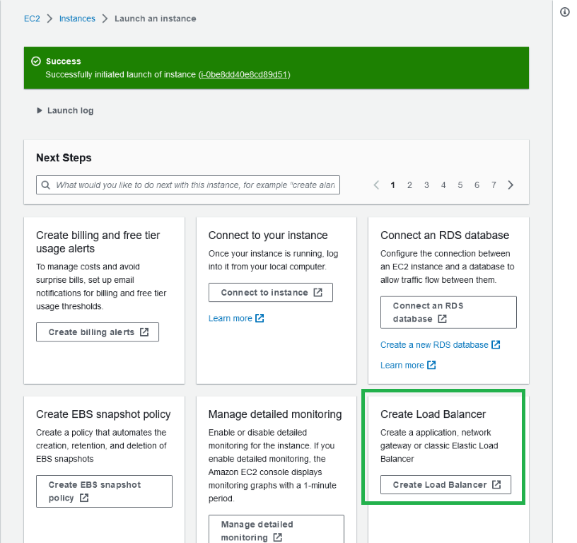 A screenshot highlighting an option to create a load balancer, presented immediately after launching a new EC2 instance.