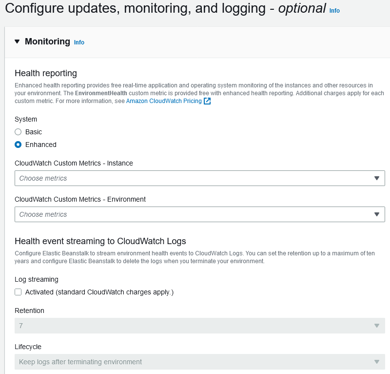 A screenshot from the AWS Elastic Beanstalk console showing the settings for updates, monitoring and logging of an Elastic Beanstalk application, but with everything set to the defaults.