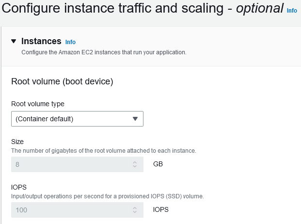 A screenshot from the AWS Elastic Beanstalk console showing the instance traffic and scaling options, with everything set to the defaults.
