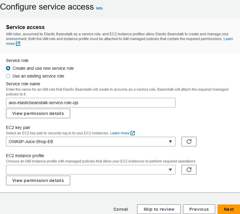 A screenshot from the AWS Elastic Beanstalk console showing the selection of a service role, EC2 key pair, and EC2 instance profile.