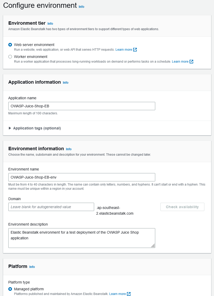 A screenshot from the AWS Elastic Beanstalk console showing the environment configuration interface.