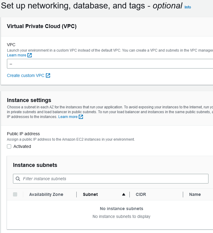 A screenshot from the AWS Elastic Beanstalk console showing the network setup interface, but with everything set to the default settings.