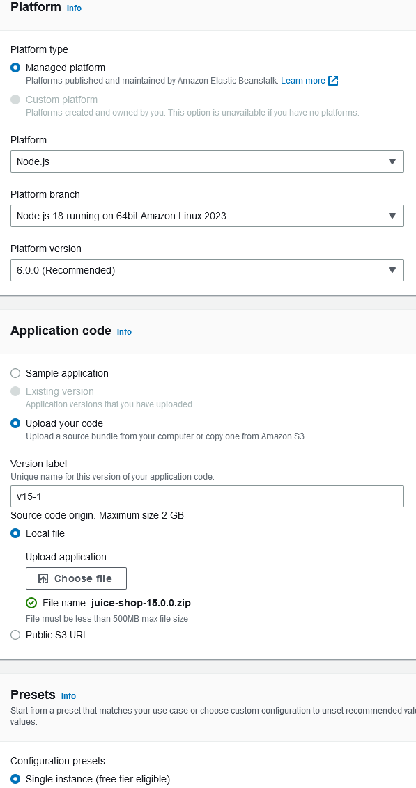 A screenshot from the AWS Elastic Beanstalk console showing the platform selection and application code configuration options.