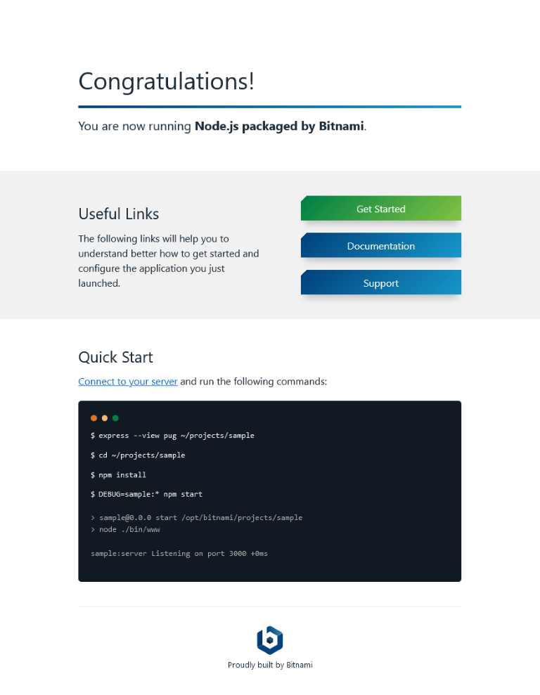 A screenshot of the welcome page for the Bitnami Node.js AMI.