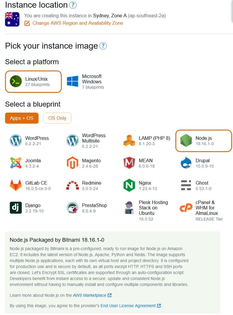 A screenshot depicting the selection of Bitnami's Node.js Amazon Machine Image onto which to deploy an instance of the OWASP Juice Shop.