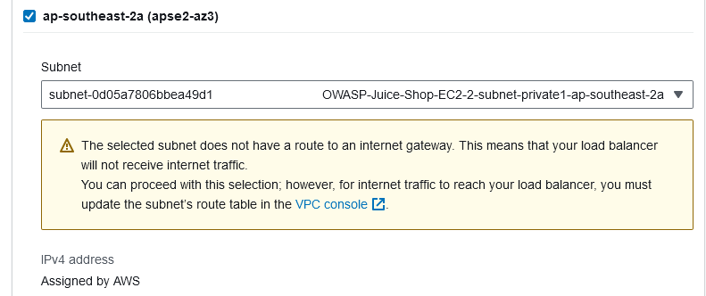 A screenshot showing a warning message from AWS indicating that a subnet for the target group does not have an assigned internet gateway, and thus needs to be reconfigured appropriately before it can be used.